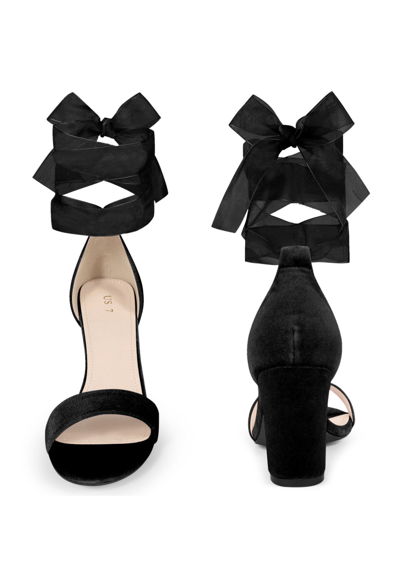 Chunky Heels Lace Up Ballet Velvet Sandals, Black / Black, alternate image number 3