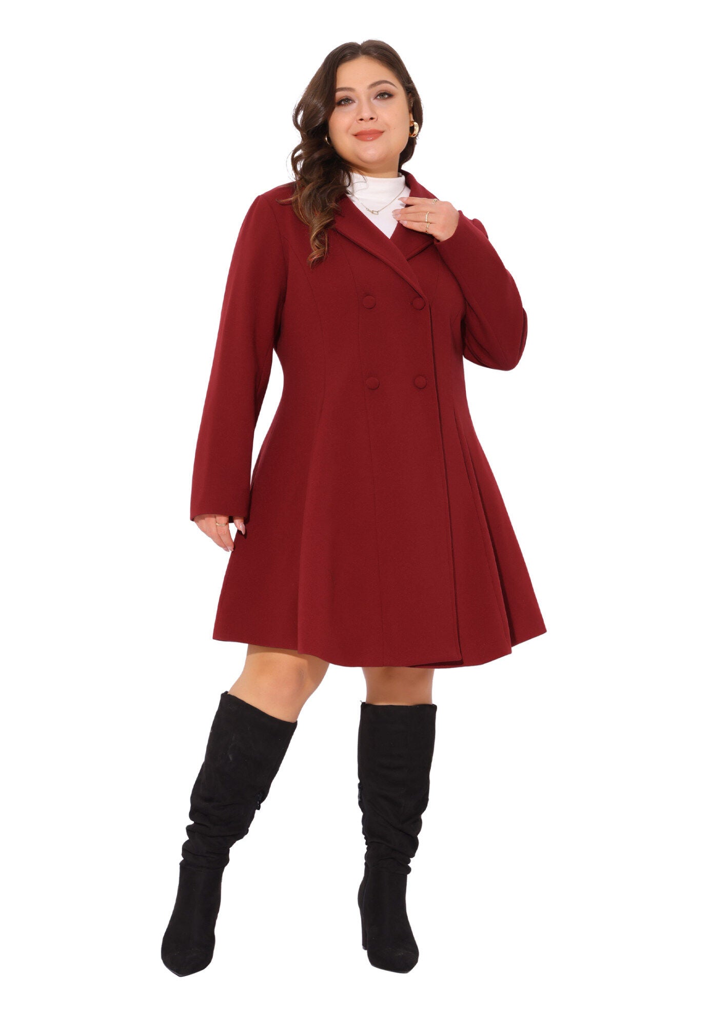 Notch Lapel Double Breasted A Line Peacoat Trench Coat, Burgundy / Burgundy, hi-res image number 0