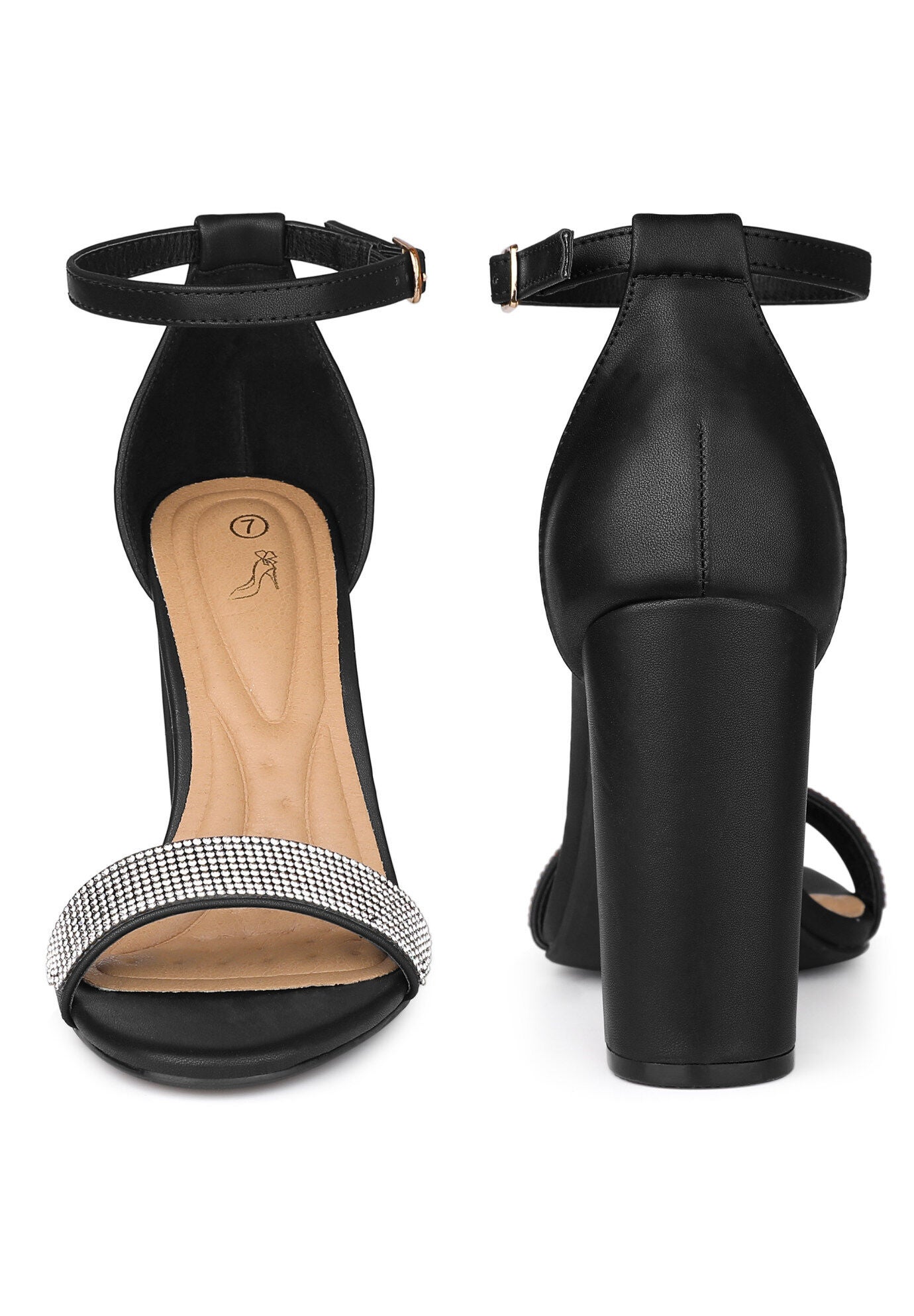 Open Toe Rhinestone Ankle Strap Chunky Heel Sandals, Black / Black, alternate image number 1