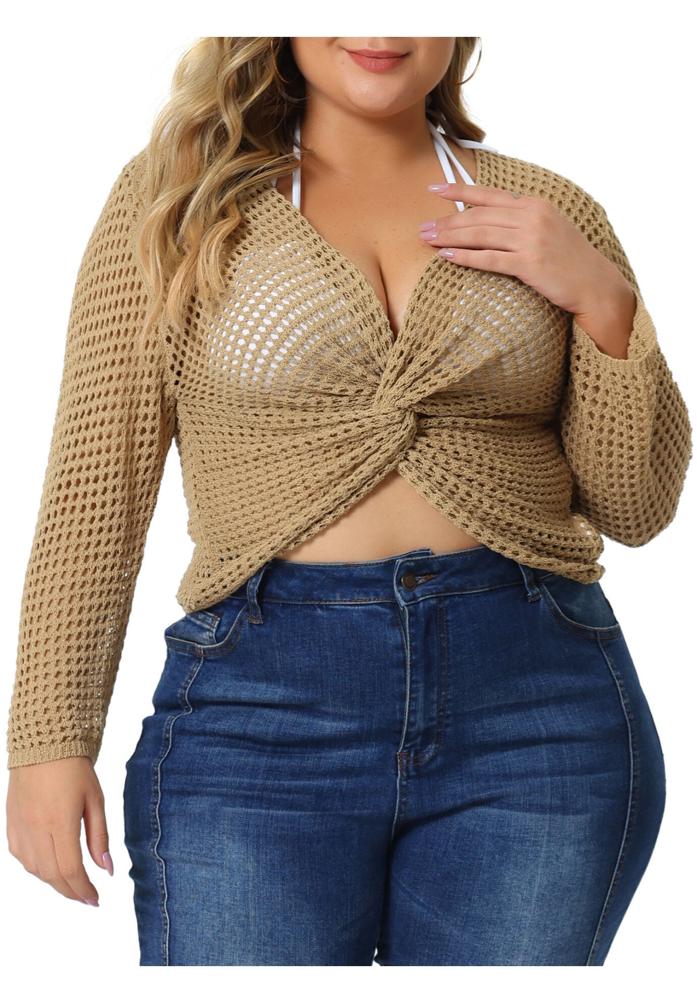Mesh Crochet Crop Top Hollow Out Knit See Through Cover Up, Light Camel / Brown, alternate image number 2