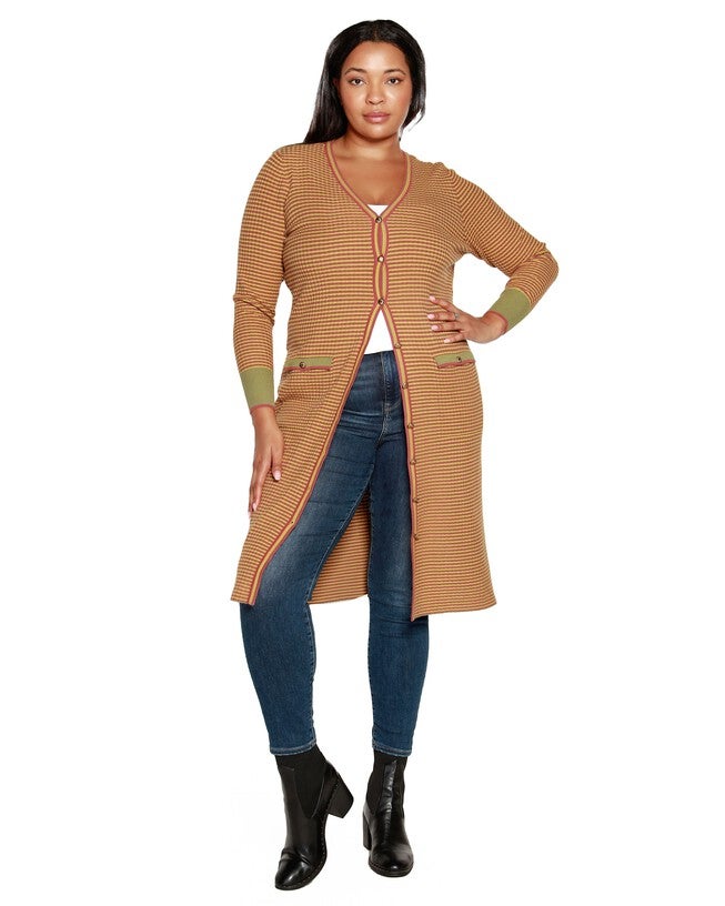 Plus Size Striped Button-Front Duster, Light Olive Combo / Olive Green, hi-res image number null