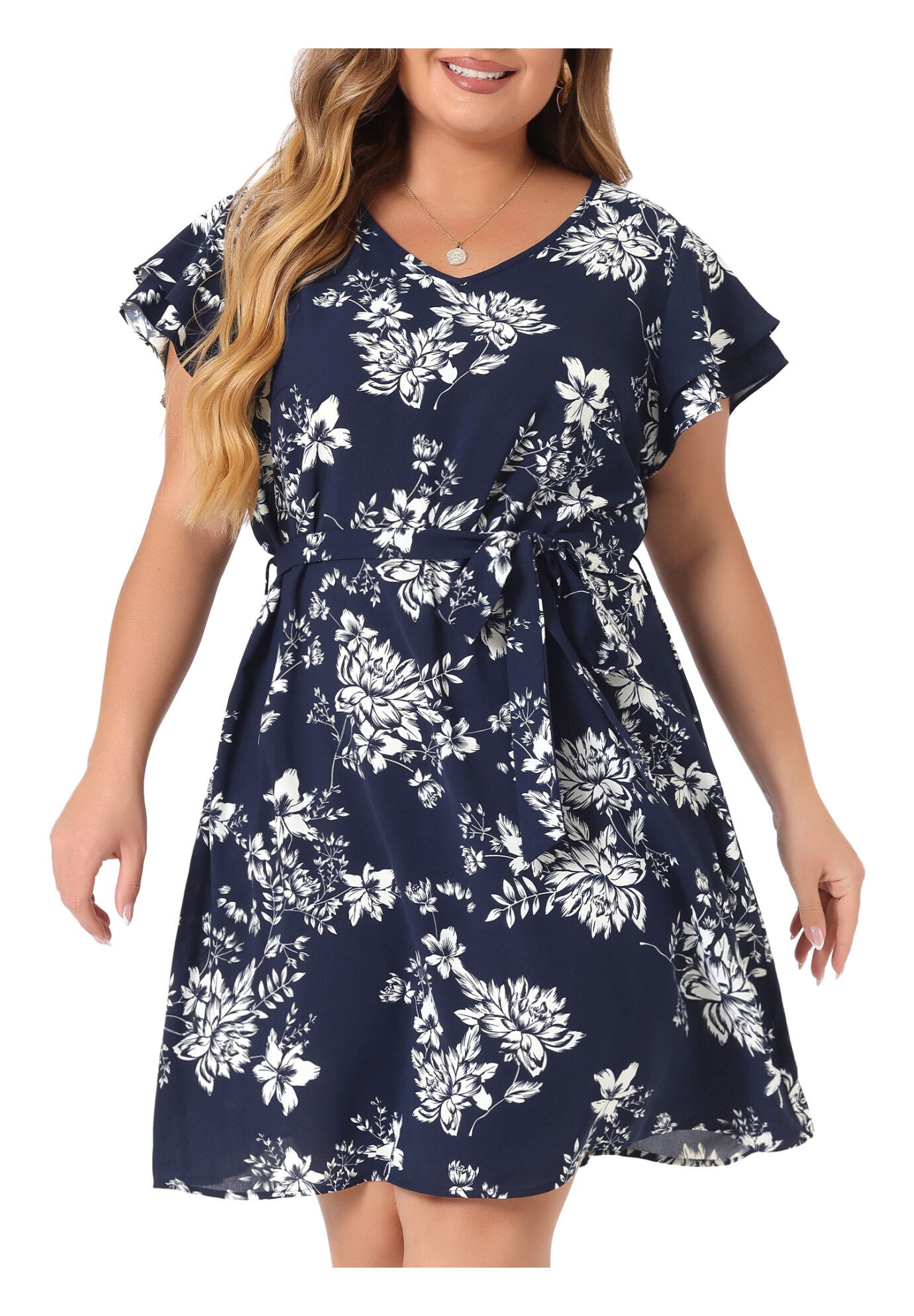 V Neck Tie Waist Layered Short Sleeve Floral Dress, Navy Blue / Navy, alternate image number 3