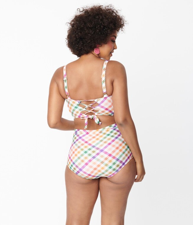 Unique Vintage Pastel Madras Gingham Marlene Crop Swim Top, , alternate image number 6