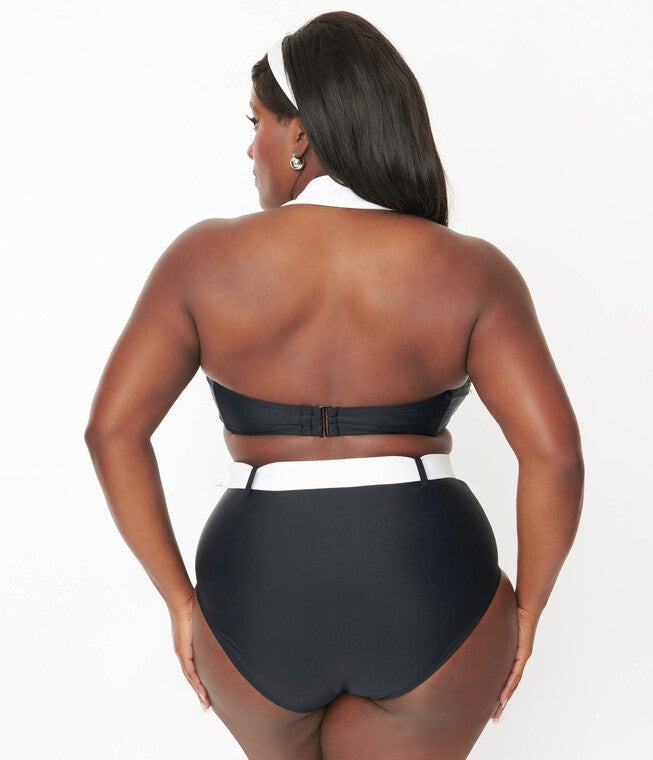Unique Vintage Black & White Halter Swim Top, Black White / Black, alternate image number 3