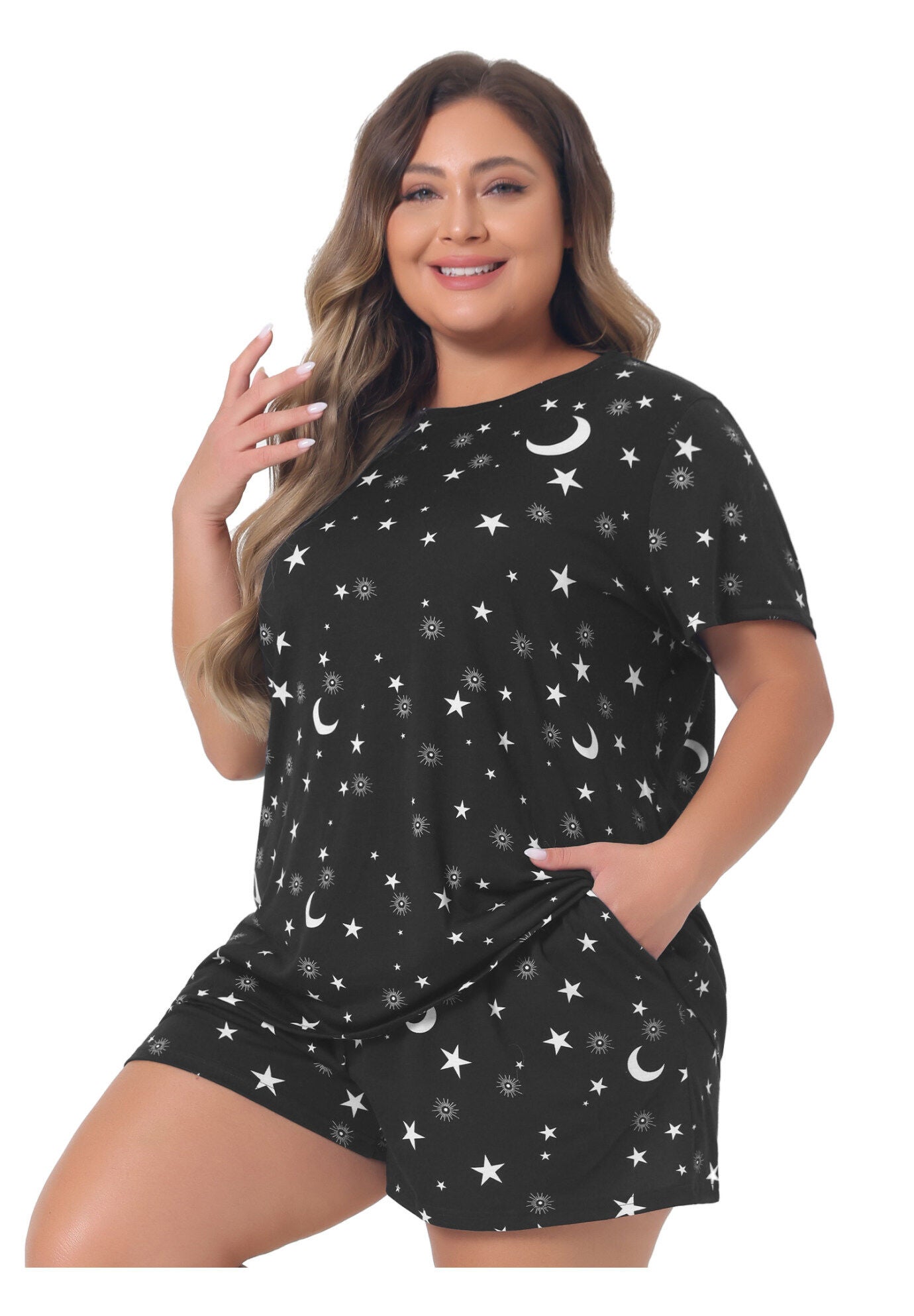 POLKA DOTS SLEEPWEAR PAJAMAS SET SHORT SLEEVE SHIRT AND SHORTS, Black / Black, alternate image number 1
