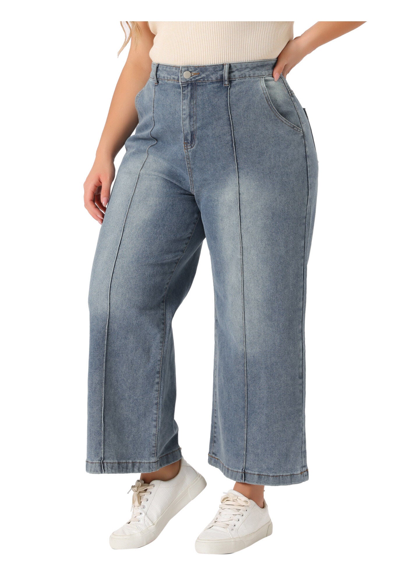 WIDE LEG BAGGY WASHED STRETCH DENIM ANKLE JEANS, Gray Blue / Dusty Blue, alternate image number 1