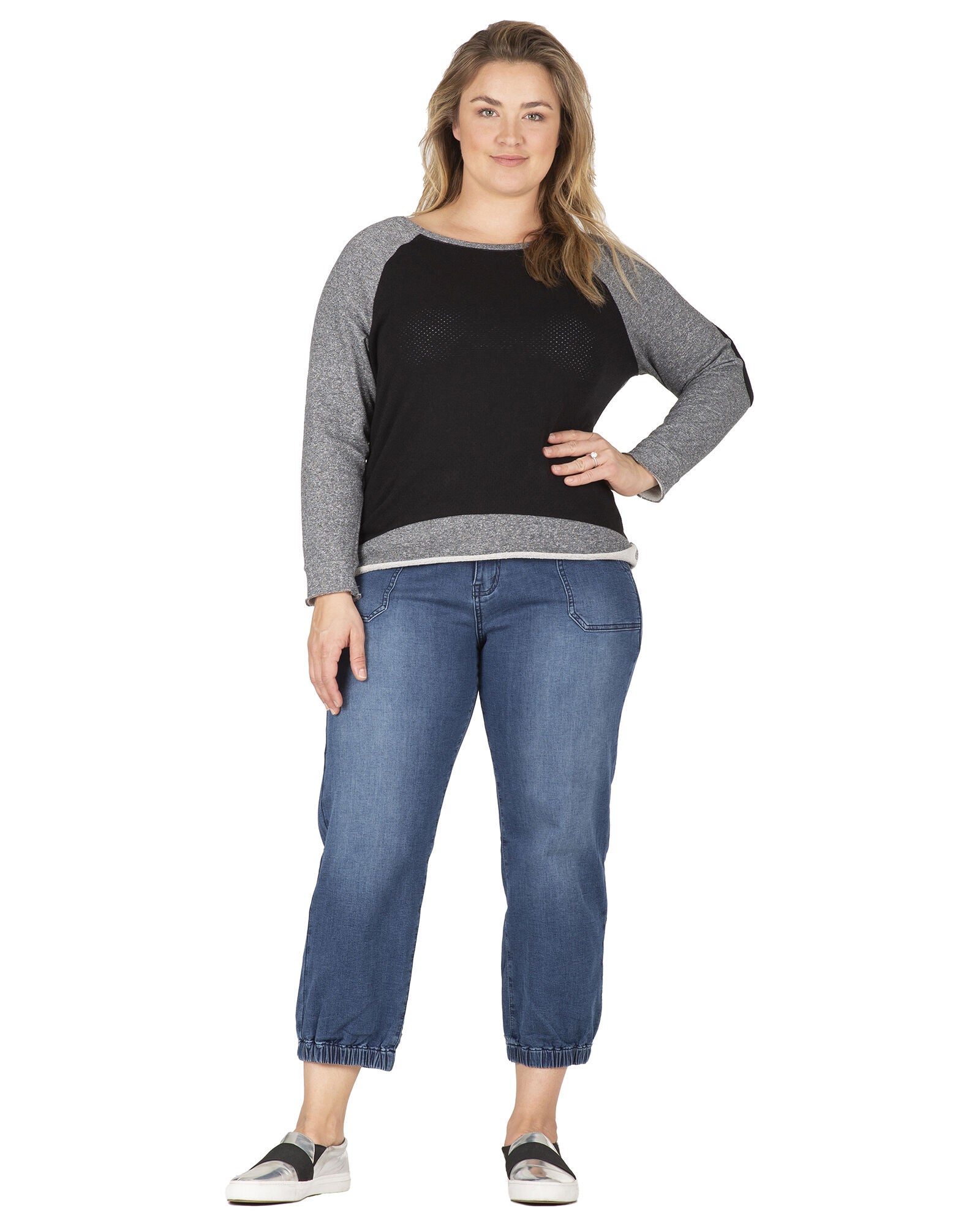 Plus Size Neesa Arm Patch French Terry Long Sleeve Mesh Top, , alternate image number 8