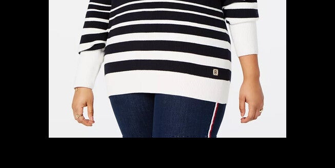 Tommy Hilfiger Women's Plus Striped Off-The-Shoulder Cotton Sweater Black/White Size 3X, , alternate image number null