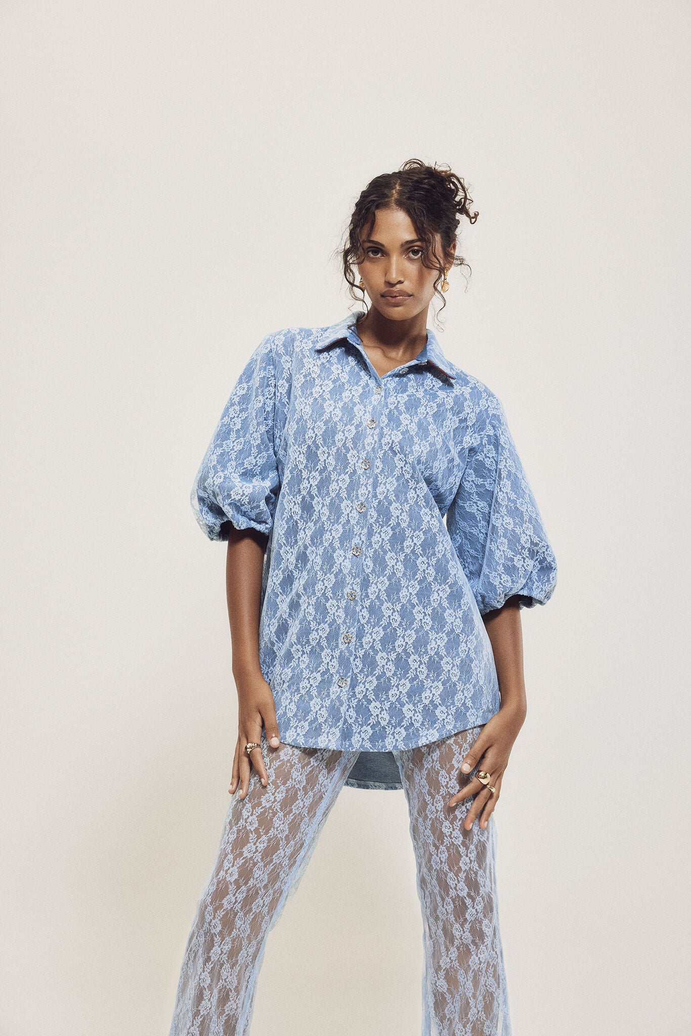 Denim Lace Puff Slv Blouse, BLUE / Medium Wash, alternate image number 3