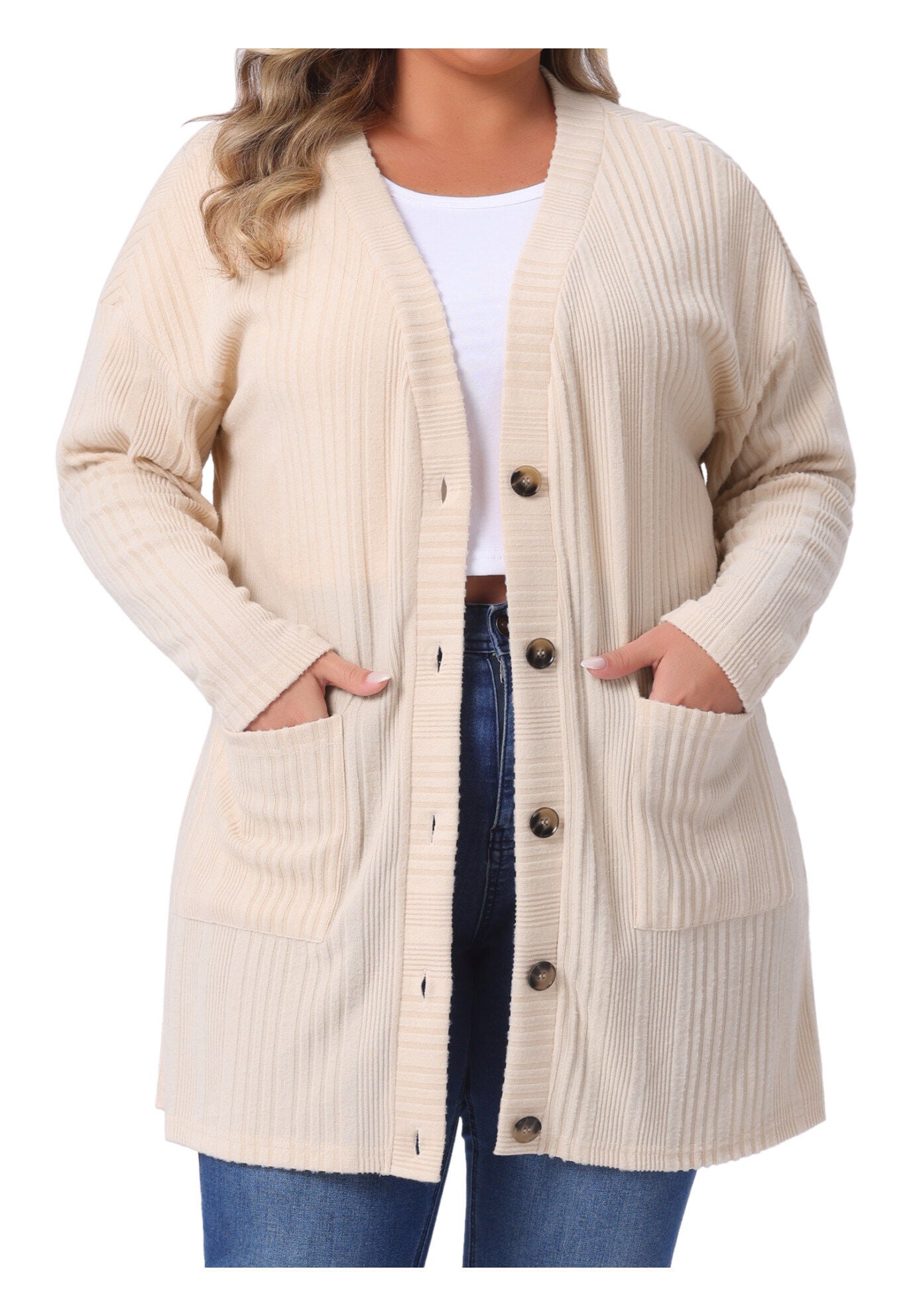 V Neck Long Sleeve Knit Cardigan with Pockets, Apricot / Cream, alternate image number 1