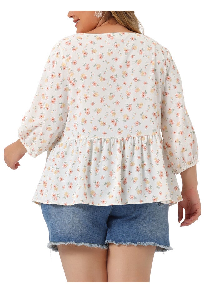 Floral Blouse Cut Out 3/4 Sleeve Babydoll Peplum Top, White Red / White, alternate image number 3