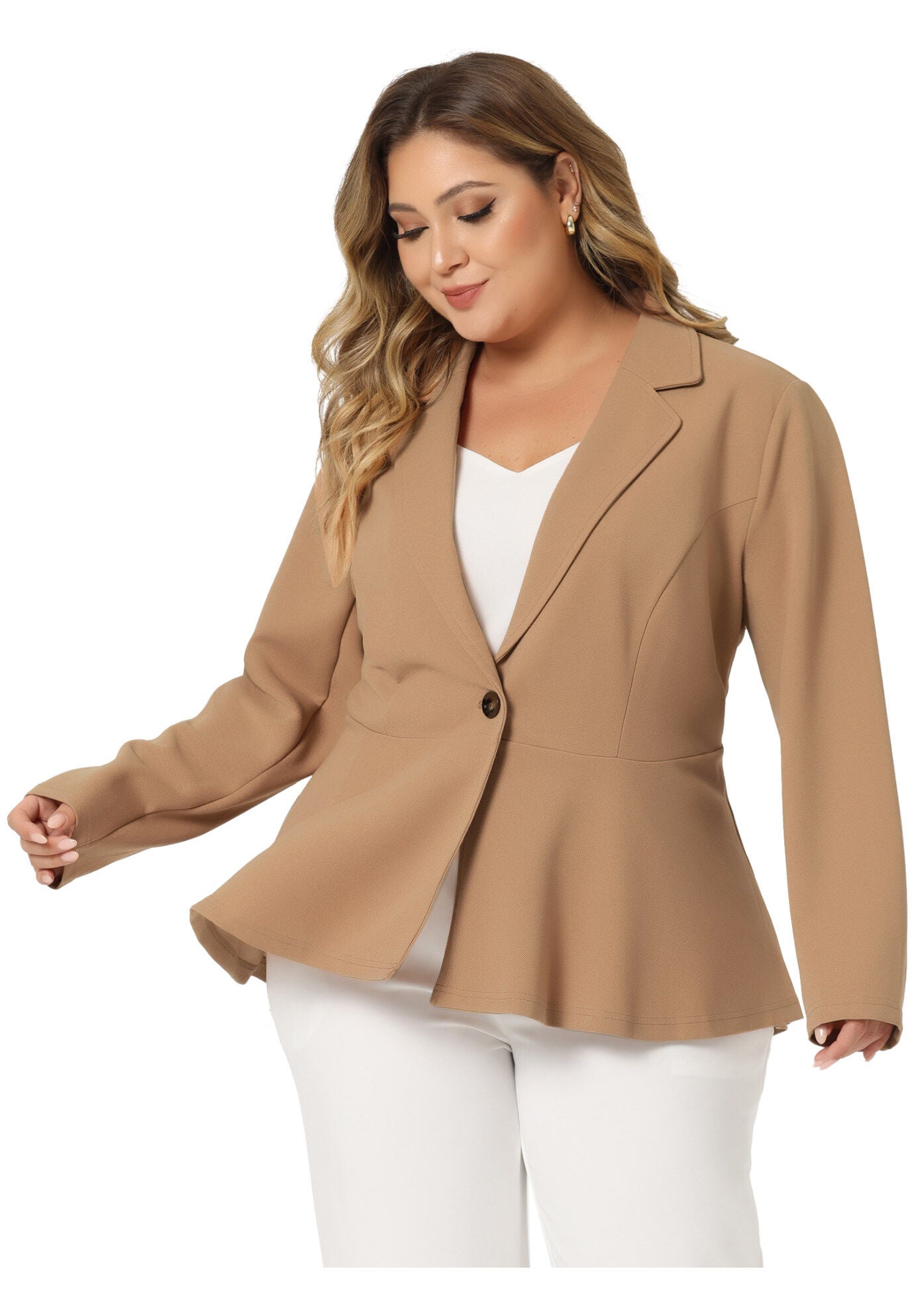 RUFFLE V NECK BUTTON NOTCH PANEL PEPLUM BLAZER, Deep Khaki / Brown, alternate image number 2