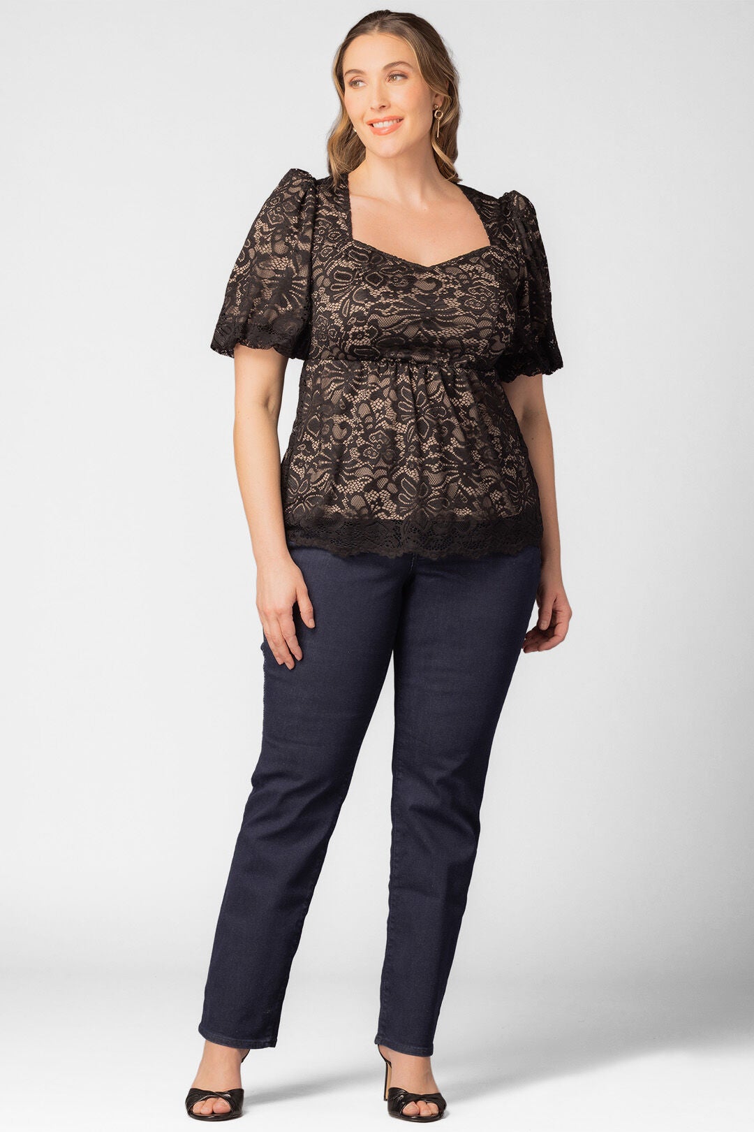 Winsome Sweetheart Lace Peplum Top, BlackNude / Black, hi-res image number 0