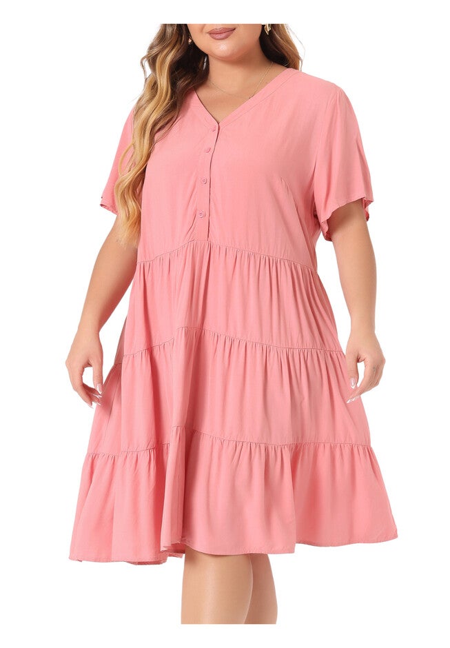Button Down V Neck Knee Length Tiered Chambray Dress, Pink / Pink, alternate image number 1