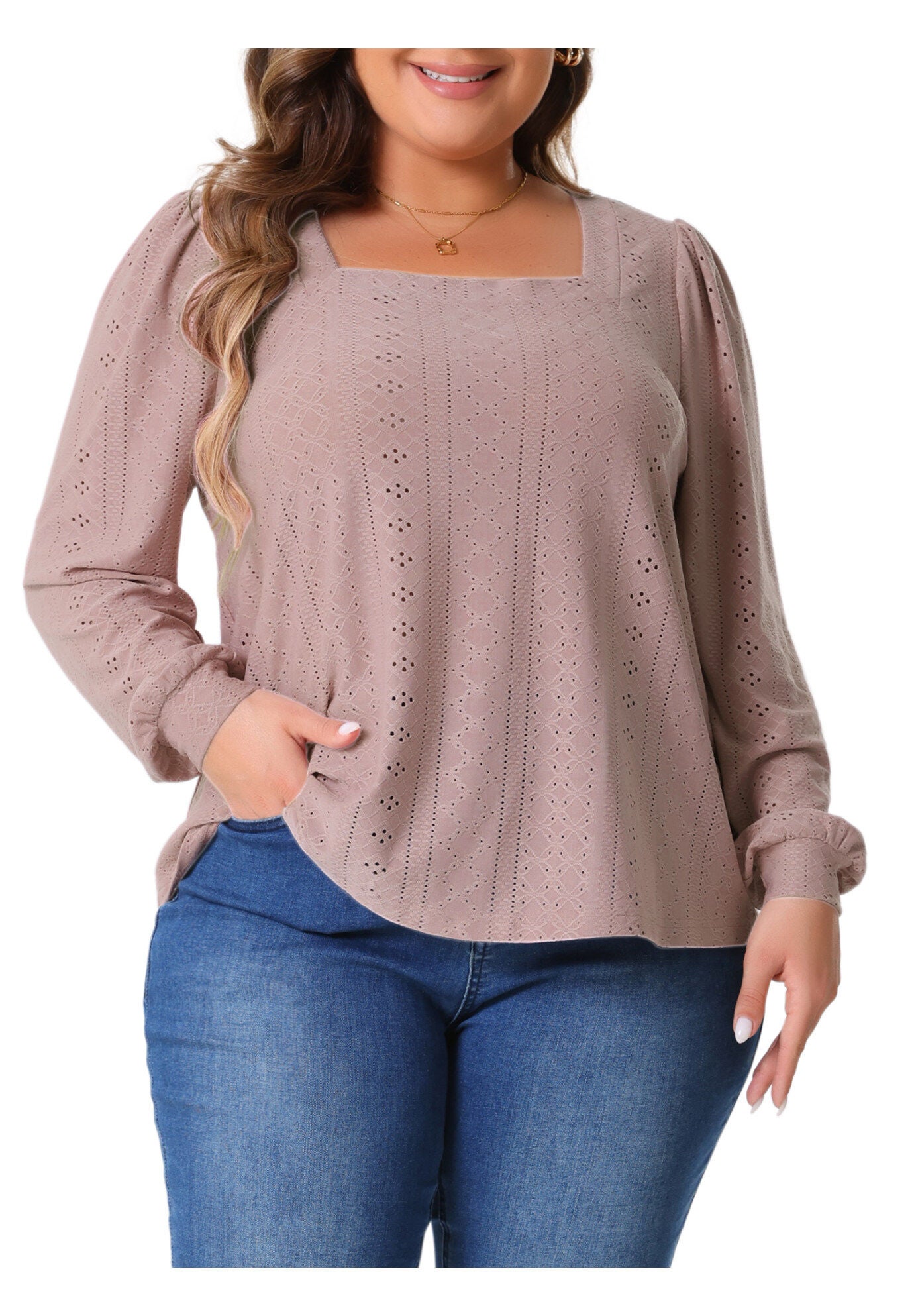 Square Neck Hollow Long Sleeve Eyelet Blouse, Dark Pink / Mauve, alternate image number 3