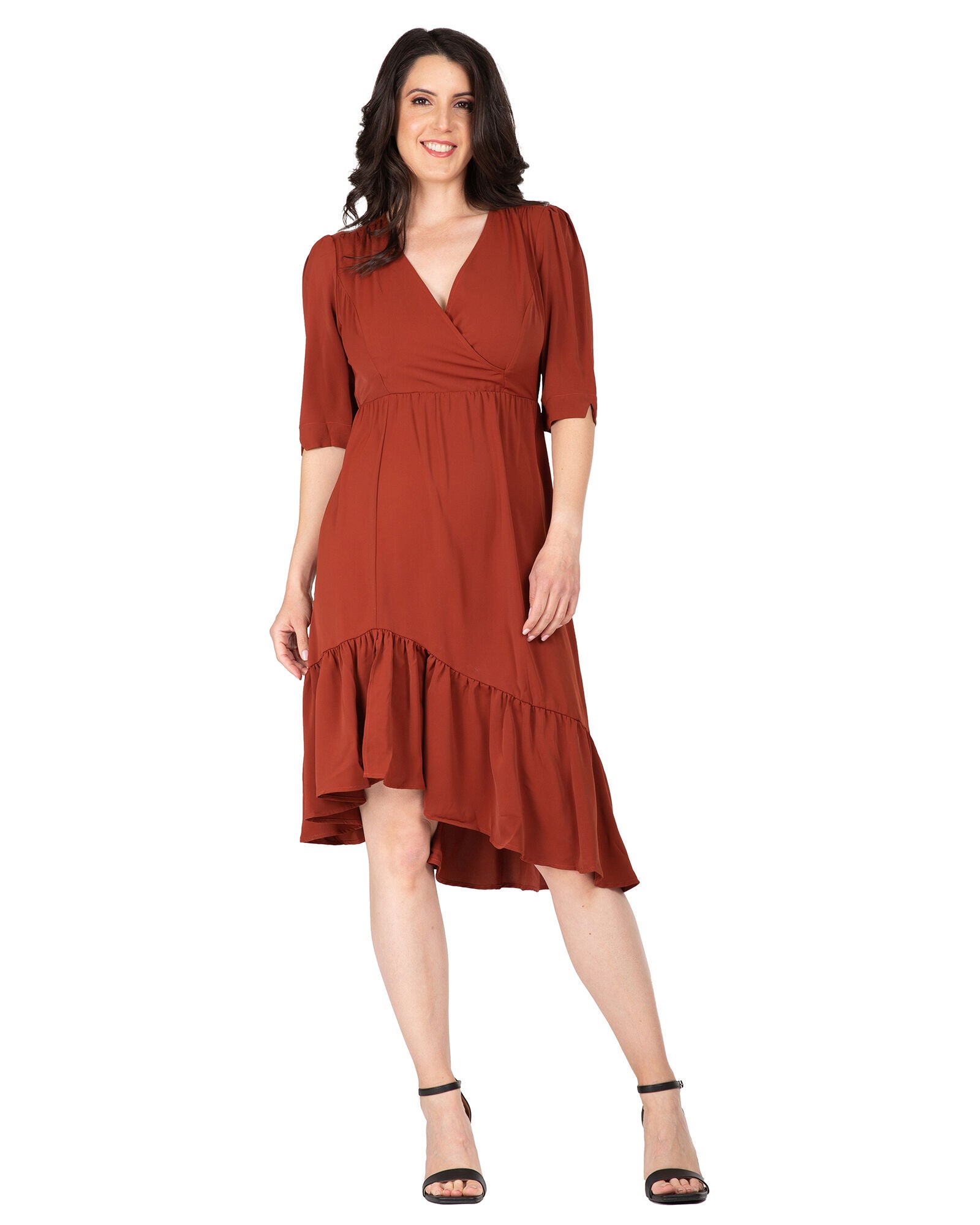 Kelsie Women&#39;s Ruched sleeve V Neck Ruffle Hem Midi Dress, Brownie / Terracotta, alternate image number 1