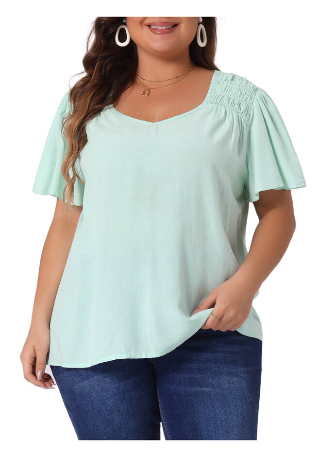 V Neck Ruffle Sleeve Smocked Shoulder Chiffon Blouse, Light Green / Mint, alternate image number 2