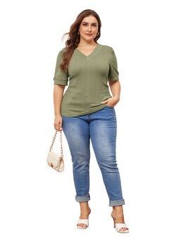 DEEP V NECK SHORT SLEEVE T-SHIRT CASUAL TEE TOP