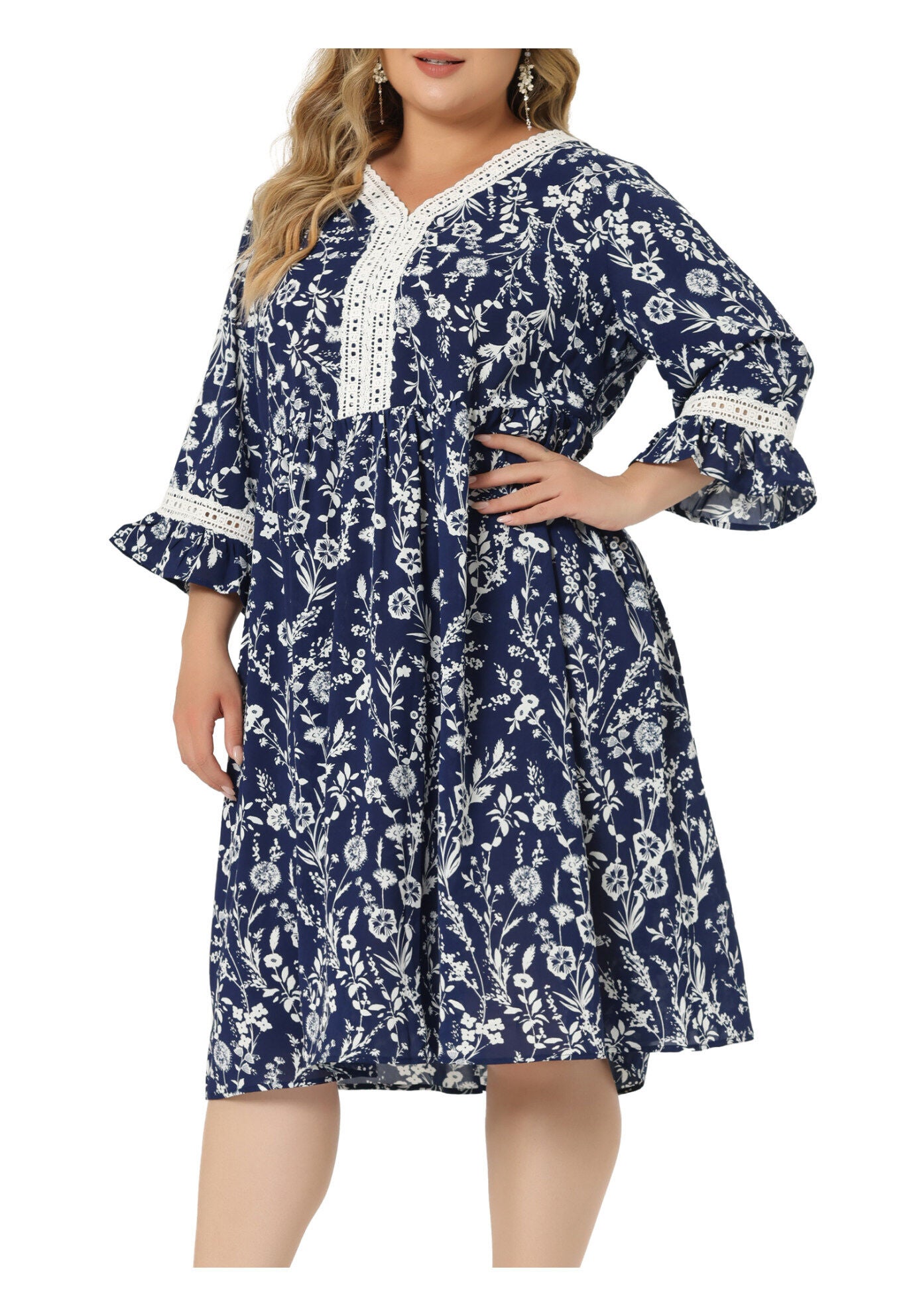 Vintage Lace Floral Ruffle V Neck 3/4 Sleeve Midi Babydoll Dress, Navy Blue / Navy, alternate image number 1