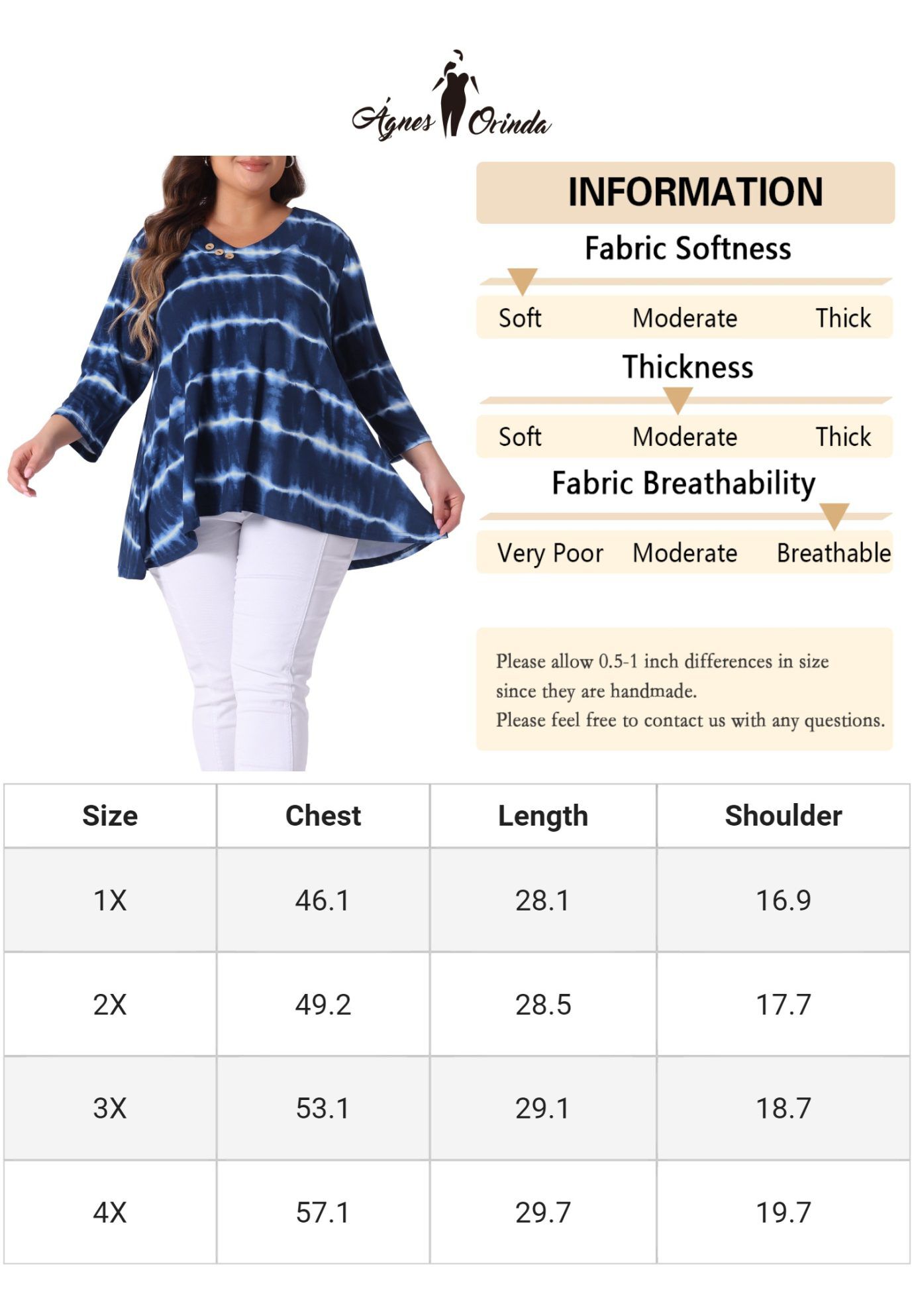 Elbow 3/4 Sleeve Loose Fit Tie Dye Tunic Top, Blue White / White, alternate image number 4