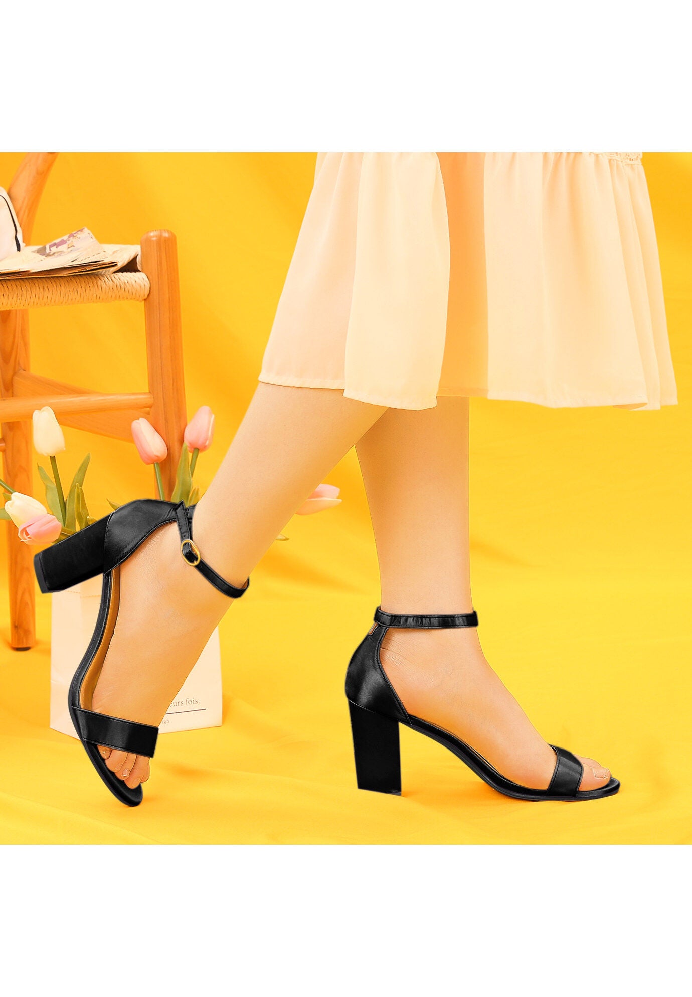 Satin Open Toe Ankle Strap Chunky Heels Sandals, Black / Black, alternate image number 1