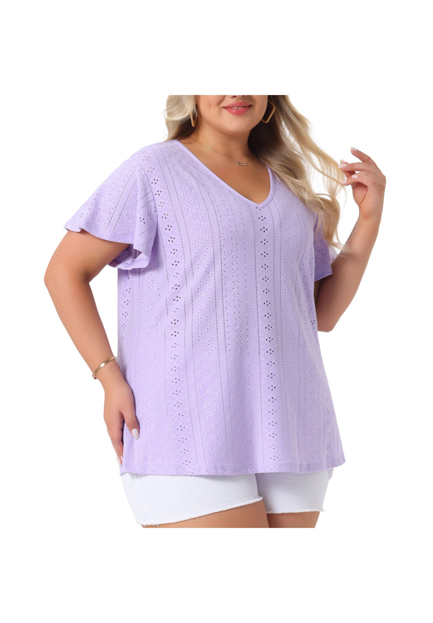 Summer Tee V Neck Hollow Flare Short Sleeve Casual Top Tunic, Light Purple / Purple, alternate image number 1
