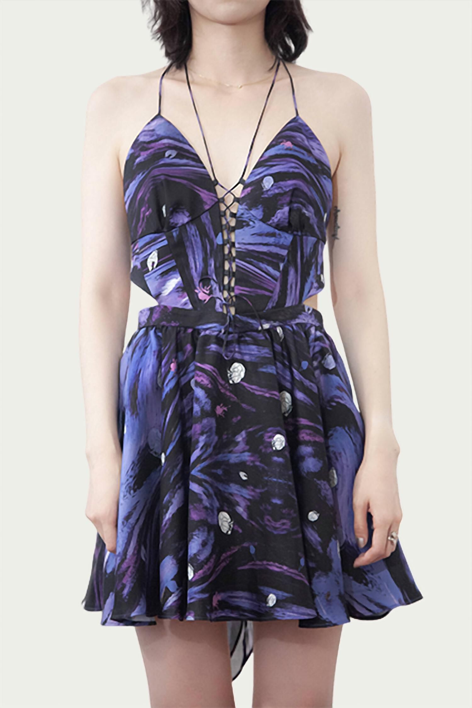 ZETA LACE-UP CUTOUT HALTERNECK MINI DRESS IN PURPLE/BLUE, PurpleBlue / Purple, hi-res image number 0