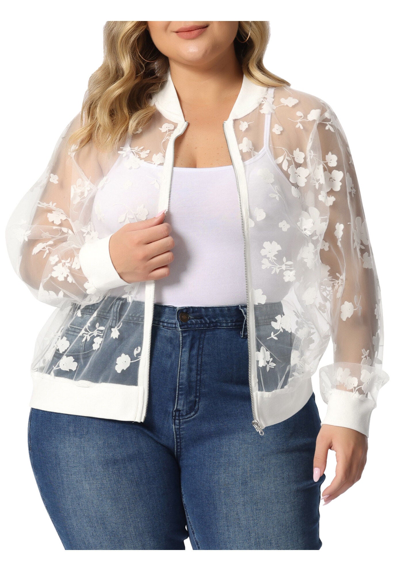 SHEER FLORAL LACE LONG SLEEVE BASEBALL JACKET, White / White, alternate image number 1