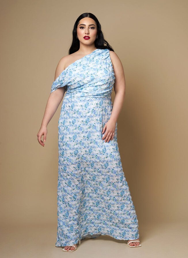 FORGET ME NOT FLORAL ASYMMETRICAL MAXI BODYCON DRESS, Blue / Royal Blue, alternate image number 1
