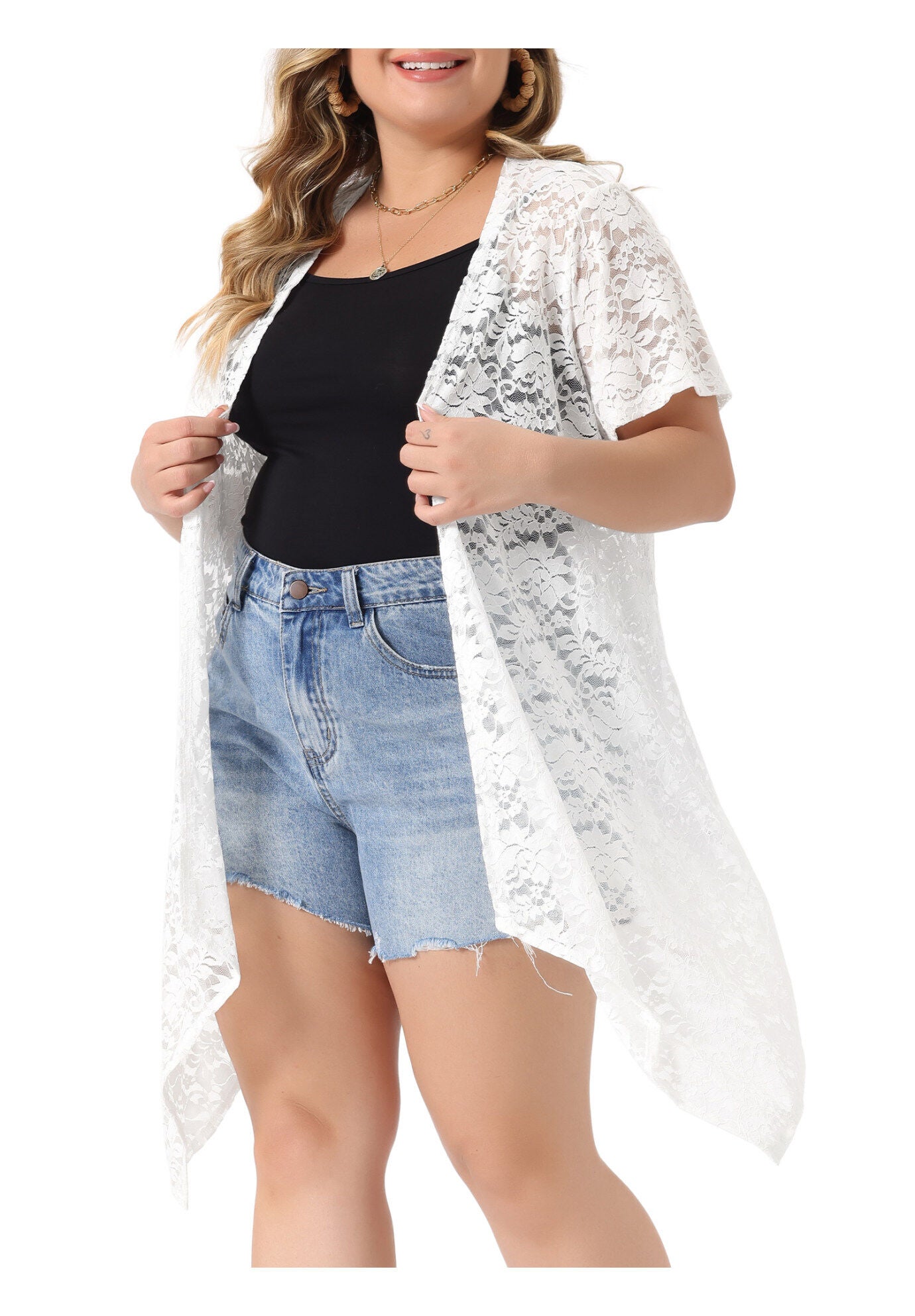 Lace Crochet Cardigan Open Front Short Sleeves Sheer Cover Up, White / White, alternate image number 1