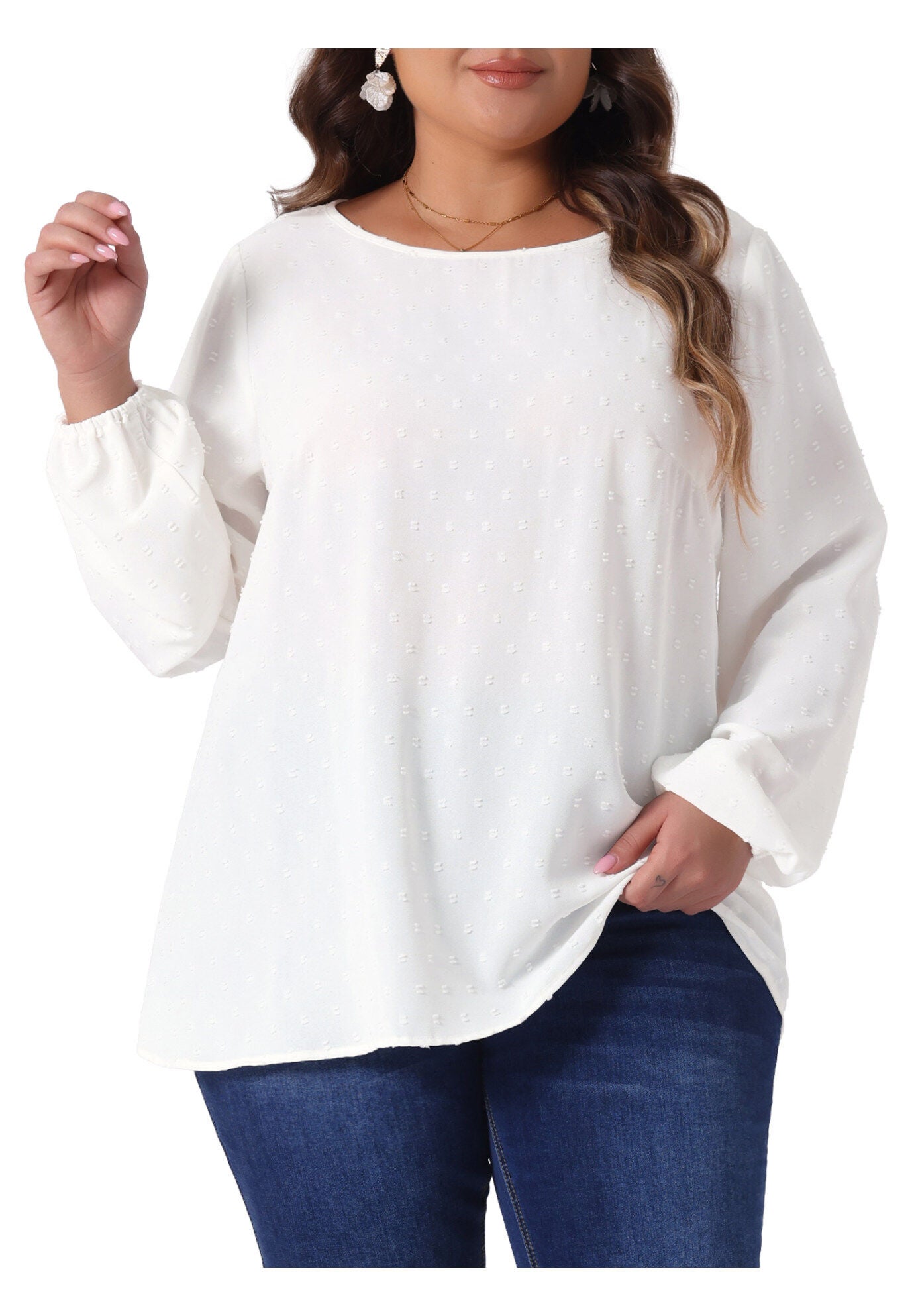 Crewneck Chiffon Blouses Swiss Dots Long Sleeve Top, White / White, alternate image number 1