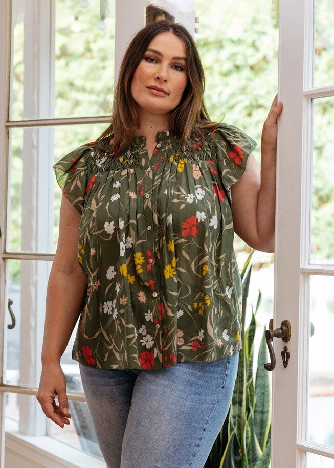 Marissa Smocked Floral Top, N686 GREEN / Light Green, hi-res image number 0