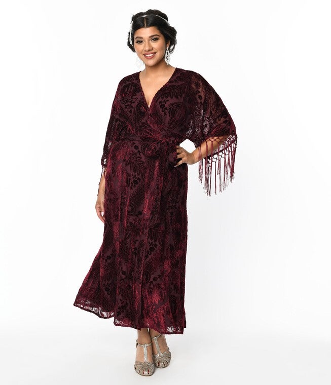 Unique Vintage Burgundy Velvet Floral Burnout Wrap Midi Dress, Burgundy Floral / Burgundy, hi-res image number 0