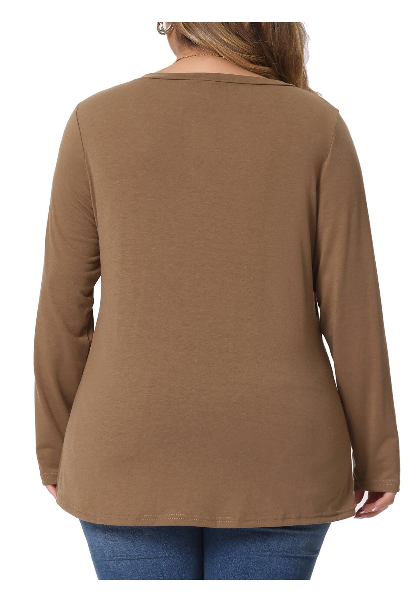 LONG SLEEVE TUNIC TOP V NECK LOOSE T SHIRT, Brown / Brown, alternate image number 3