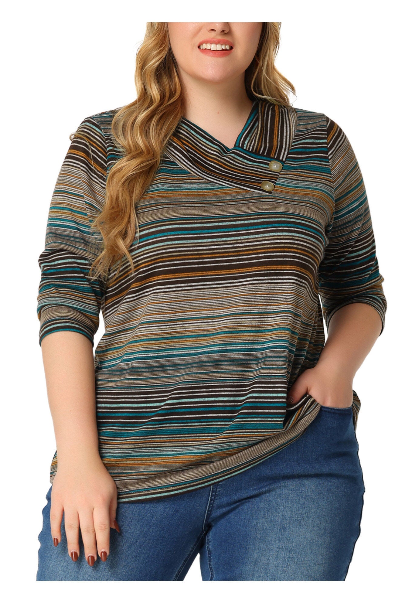 Stripe 3/4 Sleeve Tunic V Neck Knit Blouse, Lake Blue / Brown, alternate image number 2