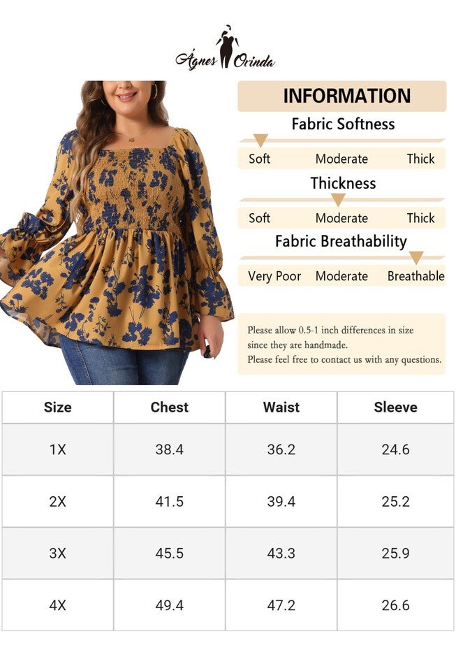 Floral Square Neck Smocked Peplum Blouses Shirts, Brown / Brown, alternate image number null
