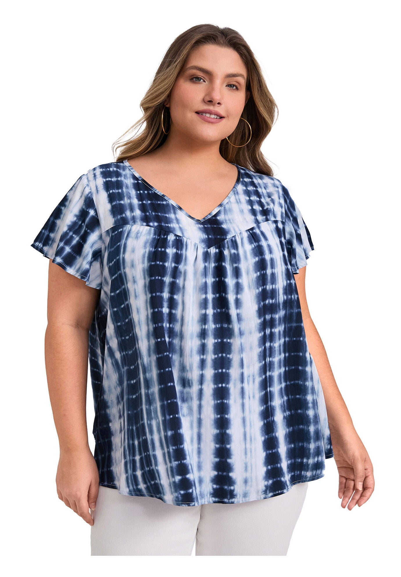 Tie Dye V Neck Ruffle Short Sleeve Pleated Blouse, Dark Blue / Navy, hi-res image number 0