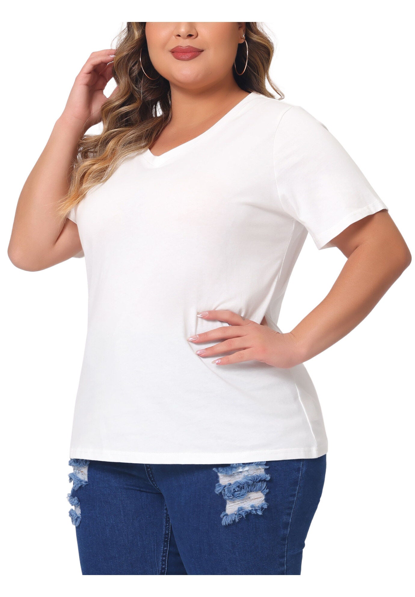 Short Sleeve V Neck Basic T-Shirt Top, White / White, alternate image number 2