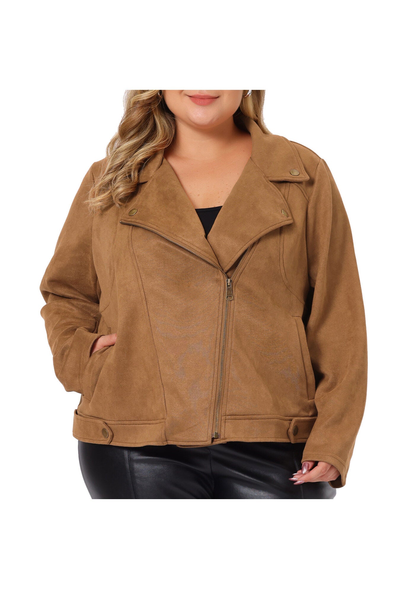 FAUX SUEDE ZIPPER CROP MOTO BIKER JACKET, Brown / Brown, alternate image number 2