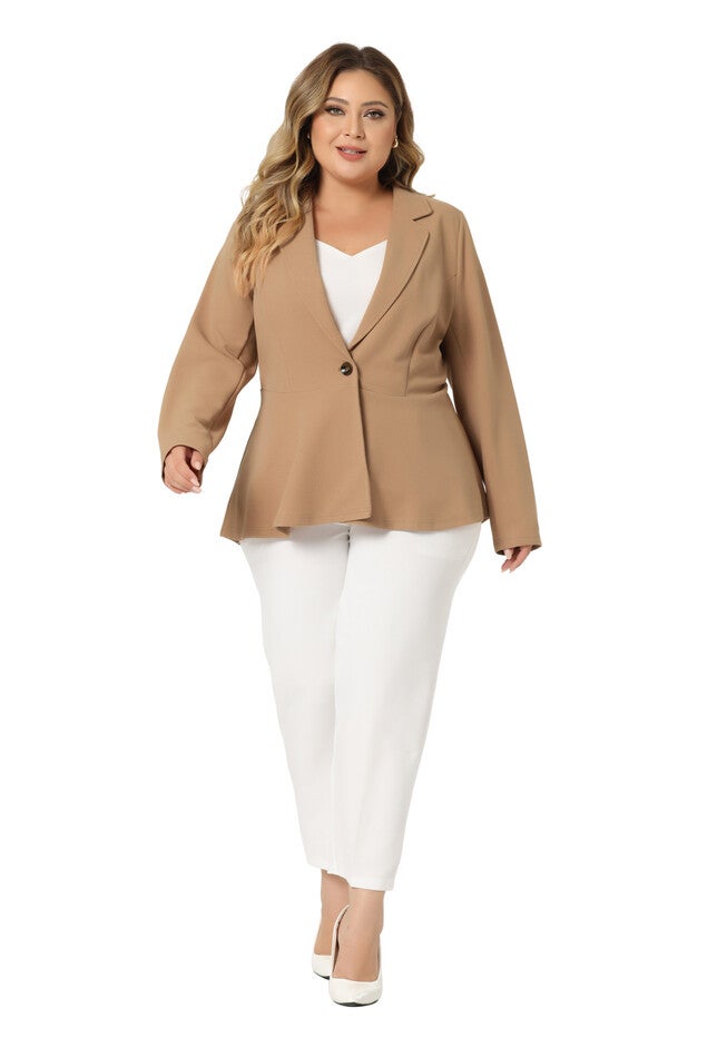 RUFFLE V NECK BUTTON NOTCH PANEL PEPLUM BLAZER, Deep Khaki / Brown, alternate image number 1