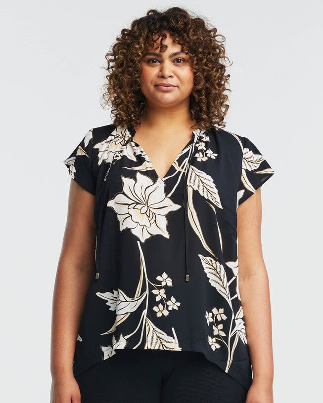Alani Black Floral Cap Sleeve Top, Print / Black, hi-res image number 0