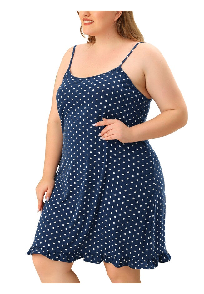 Sleeveless Polka Dots Ruffle Hem Cami Sleepwear Dress, Navy Blue / Navy, alternate image number 2