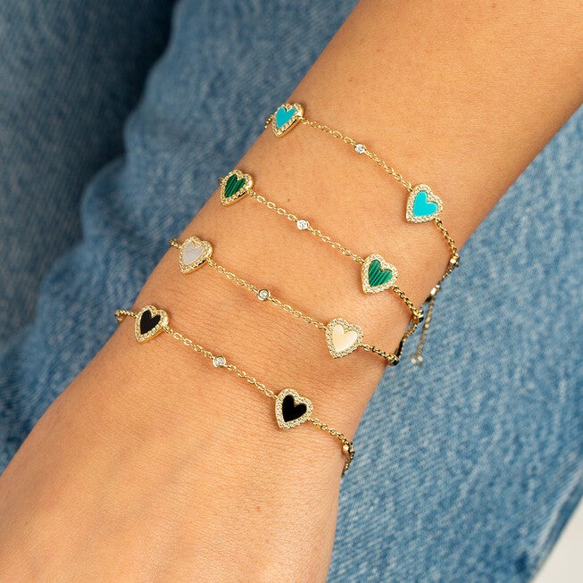 Pave Multi Heart Stone Bracelet Malachite One Size, , alternate image number null