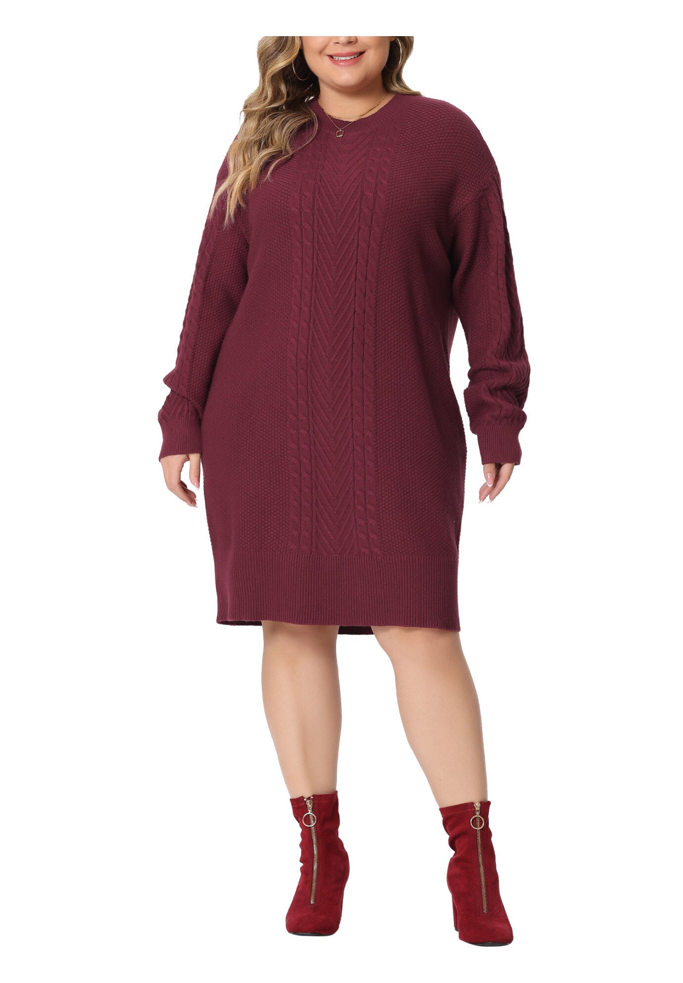 CREWNECK LONG SLEEVE KNIT TUNIC PULLOVER SHORT SWEATER DRESS, Burgundy / Red, alternate image number 1
