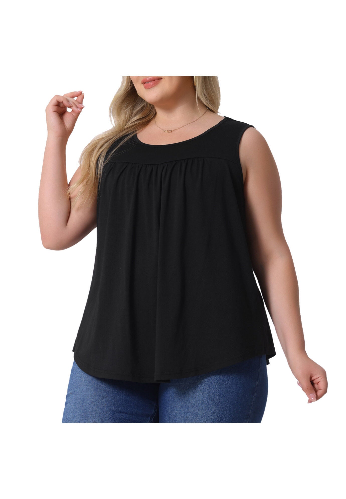 Round Neck Pleated Babydoll Boho Tank Tops, Black / Black, alternate image number 1