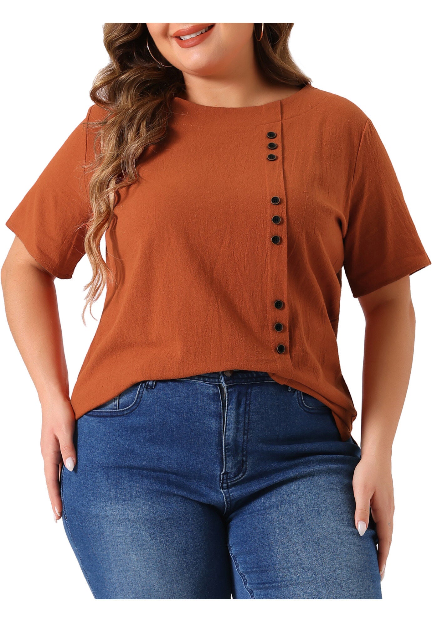 Short Sleeve Round Neck Cotton Linen T-Shirt Top, Brown / Brown, alternate image number 4