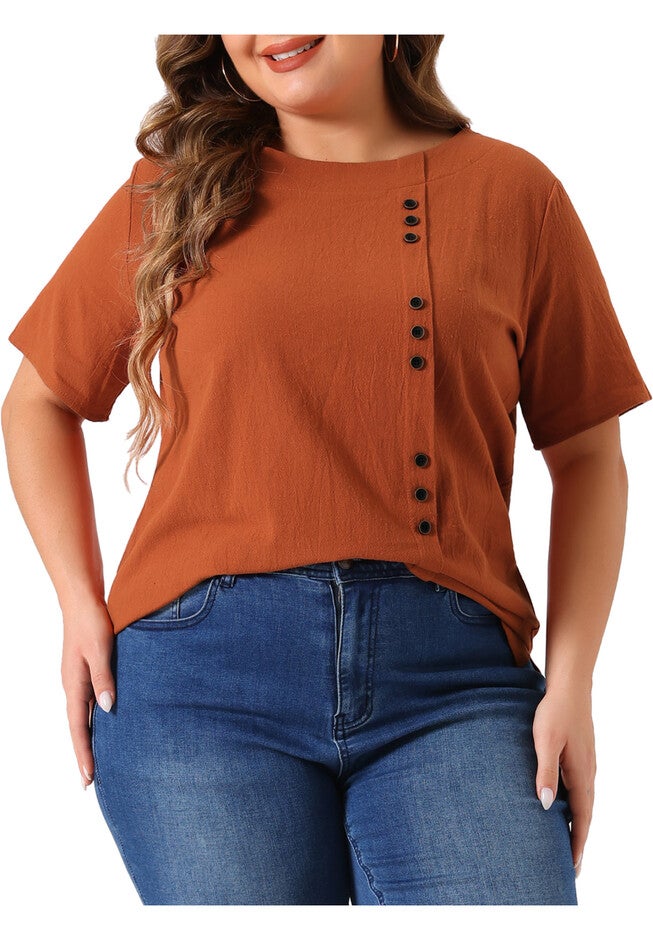 Short Sleeve Round Neck Cotton Linen T-Shirt Top, Brown / Brown, alternate image number 4