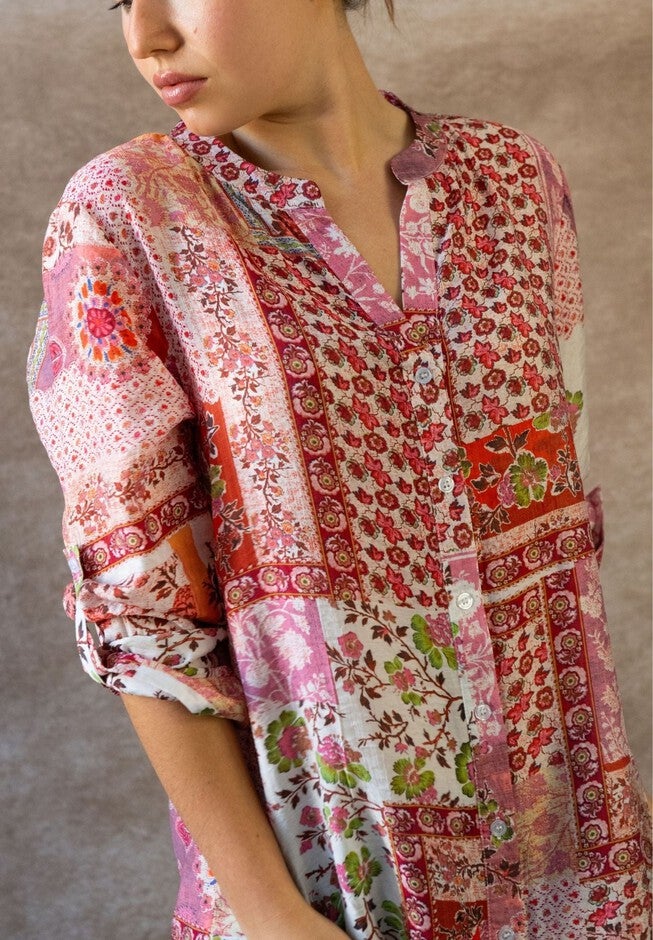 Annick- Lara Patchwork Print Boho Tunic Shirt Dress Long Sleeves, White / Pink, alternate image number 1