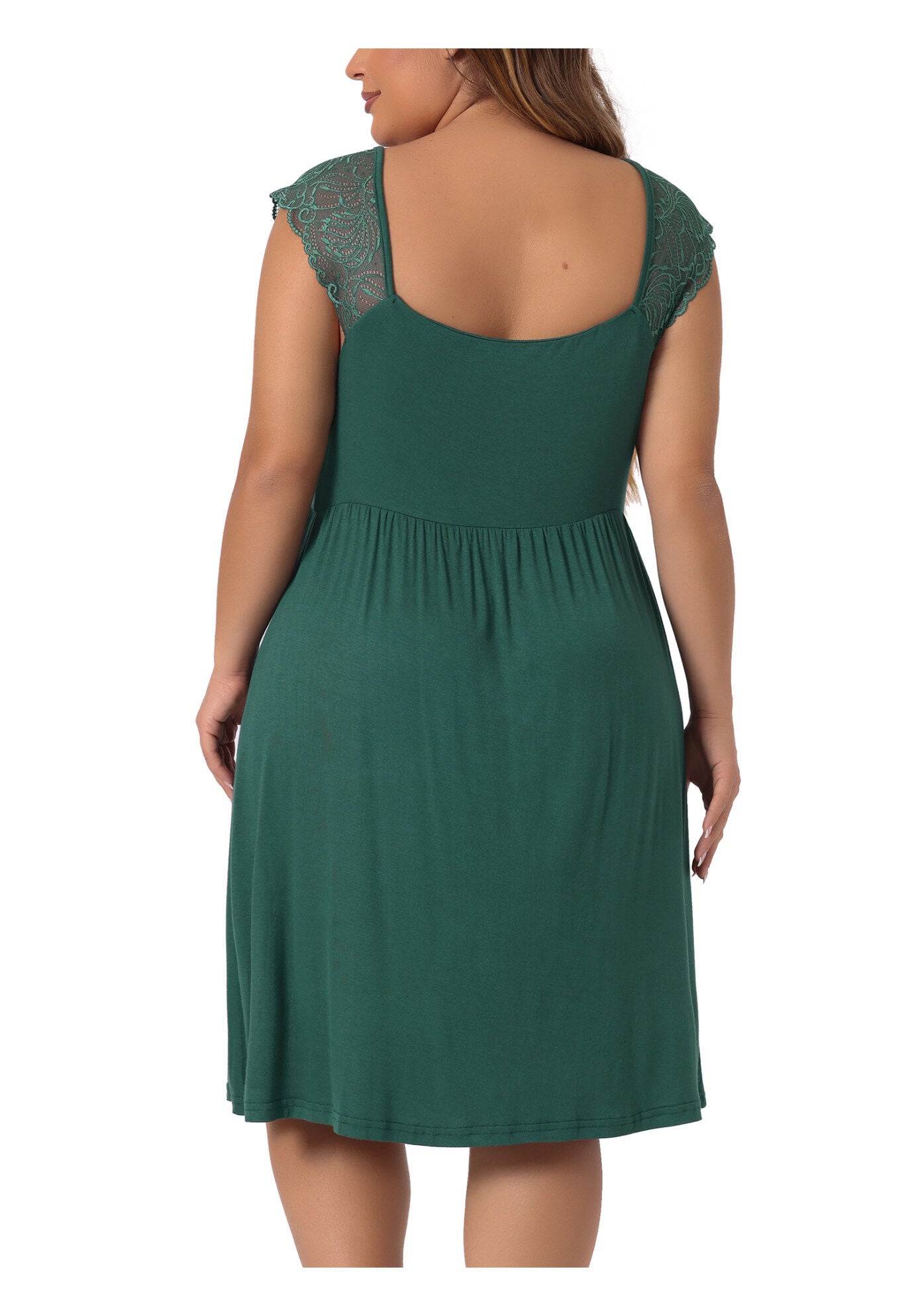 V NECK LACE CAP SLEEVE SLEEP DRESS, Dark Green / Forest Green, alternate image number 3