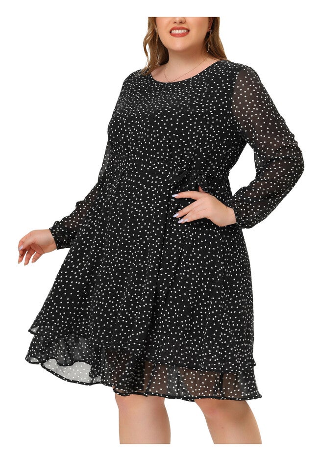 Chiffon Polka Dots Tie Waist Long Sleeve Dress, Black / Black, alternate image number 1